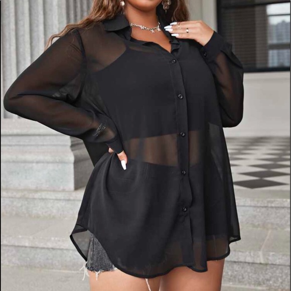 Boho Plus Size Slit Open back Button Shirt Top Blouse Black - Picture 3 of 10